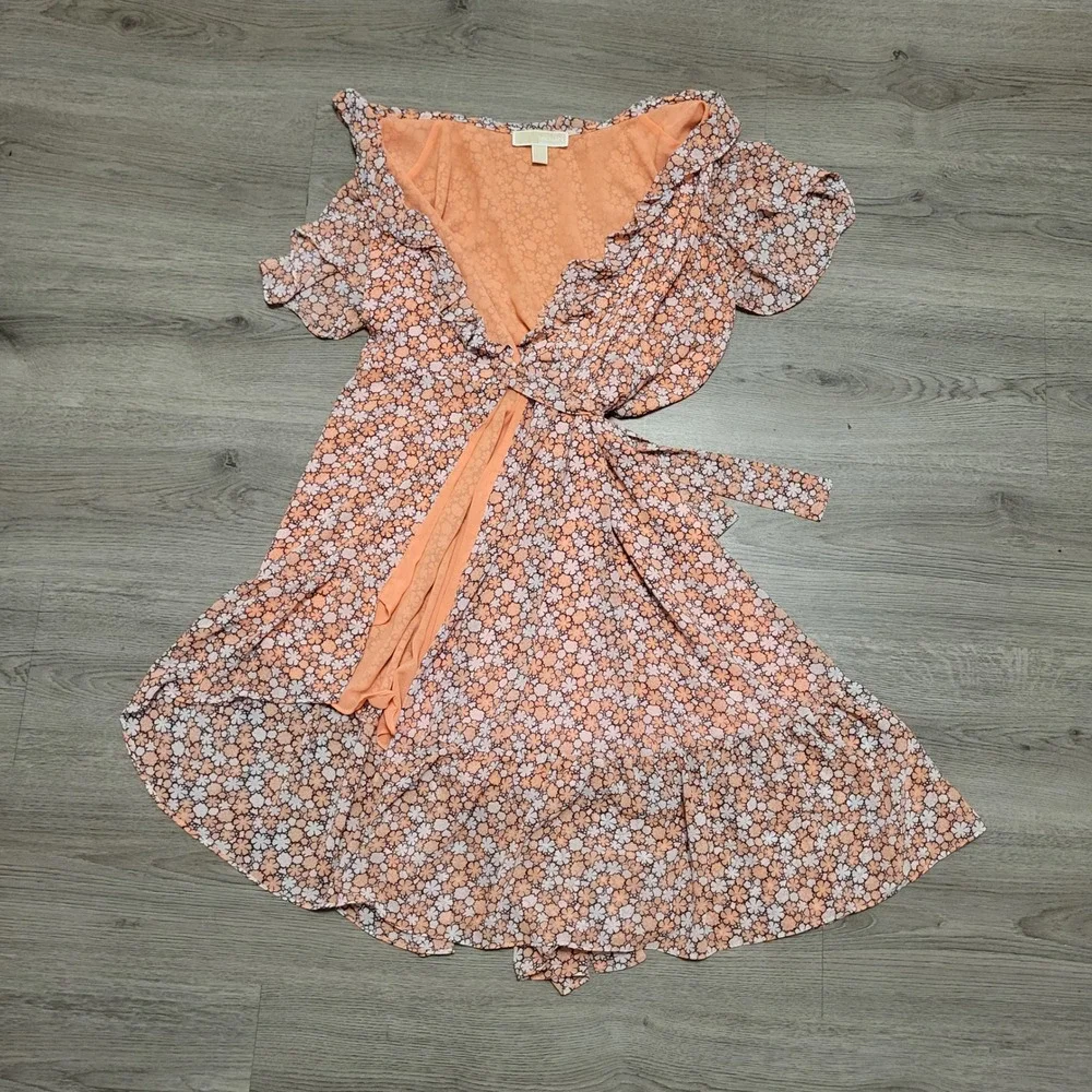 Michael Kors Coral Floral Ruffle Wrap Midi Dress Womens Summer Large High Low - Picture 4 of 7